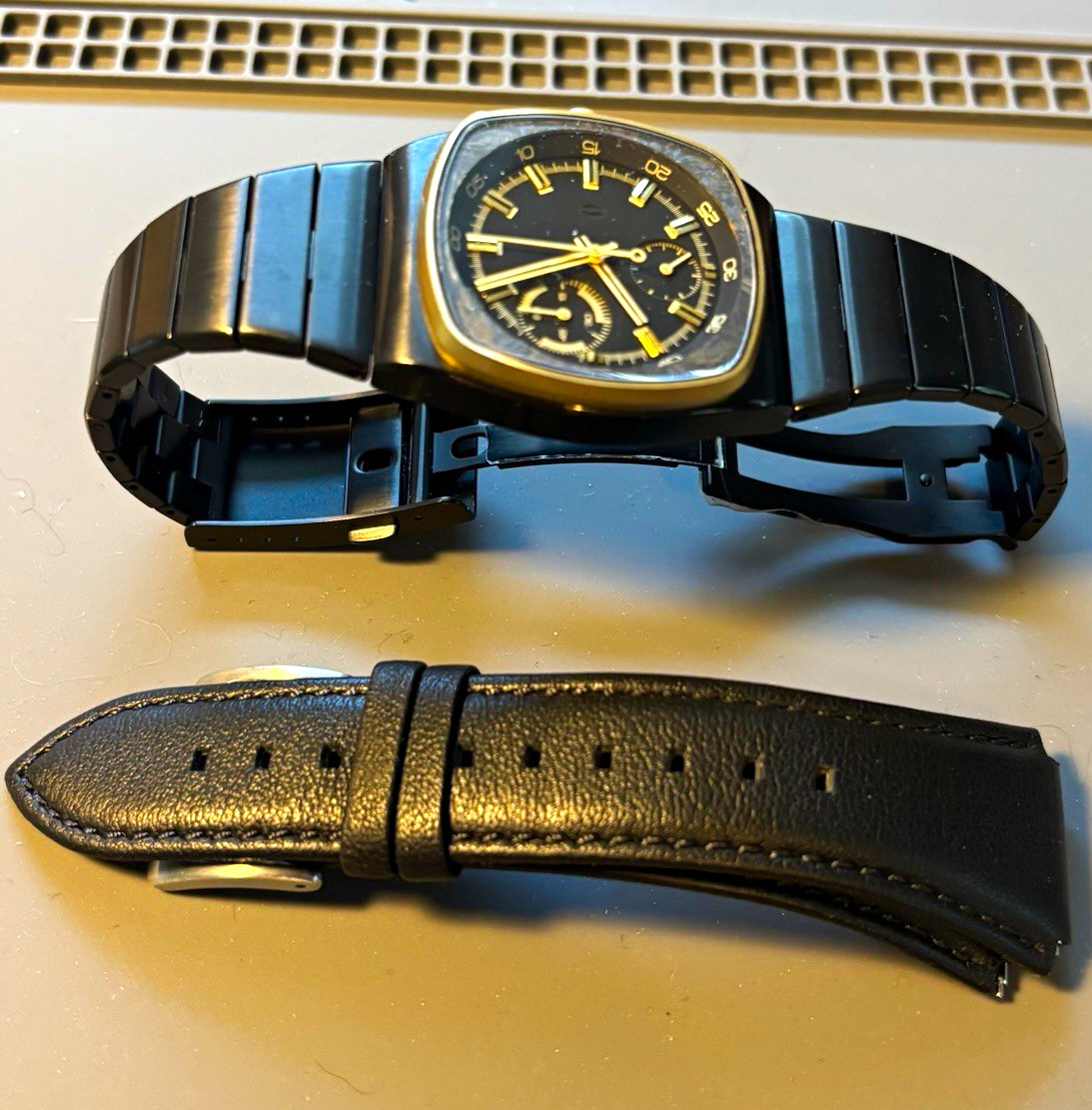 Brew Quartz Chronograph Cushion Watch Black/Gold Dial SS Bracelet + Strap + Box