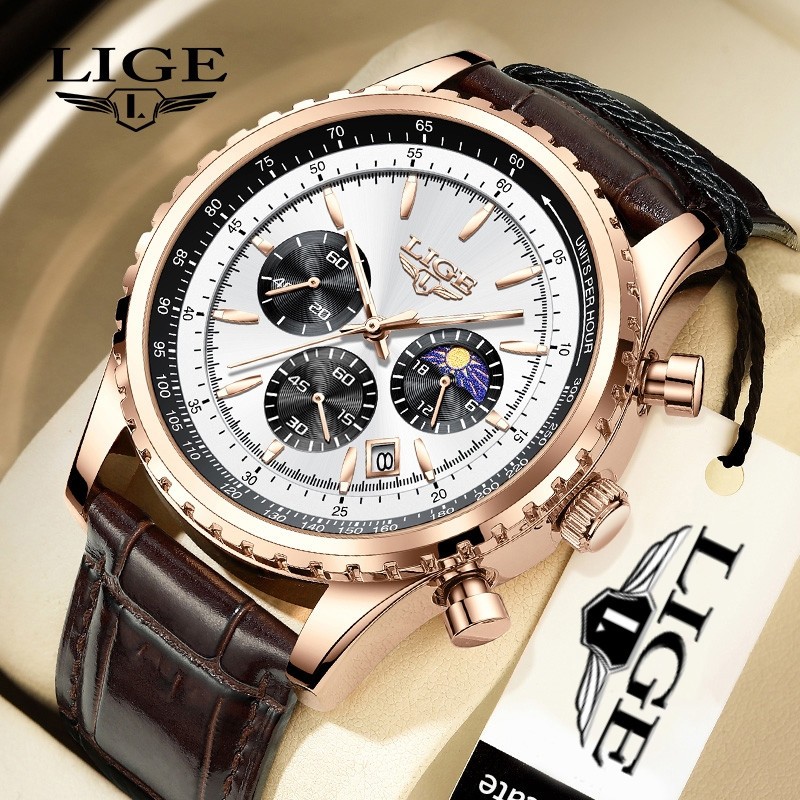 Men’s Watch Quartz Leather Band Date Luminous 3ATM Waterproof Casual Wristwatch