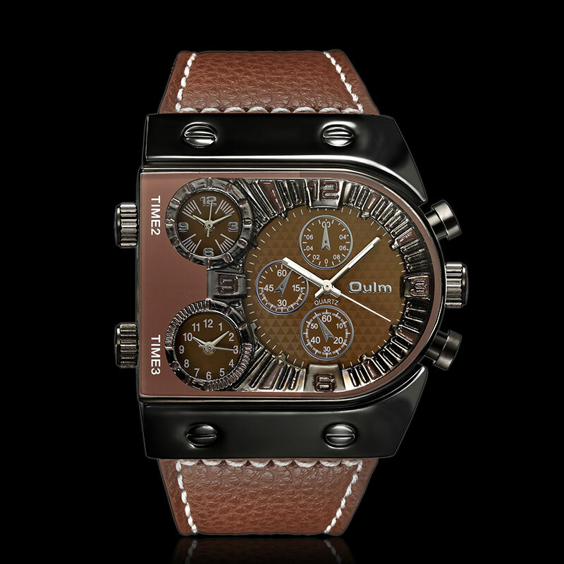 Oulm Mens Steampunk Quartz Wrist Watch Big Dial 3 Time Zone Steel Case Watch
