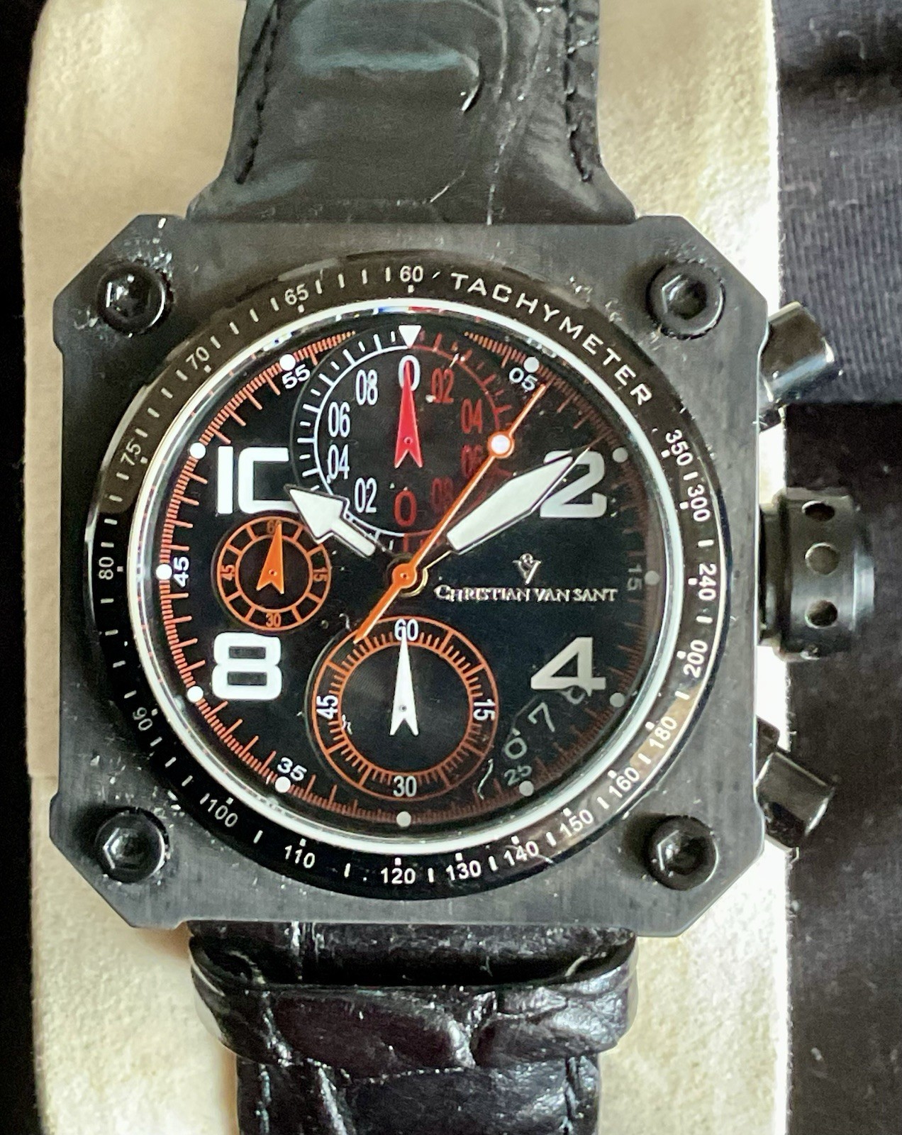 EUC Christian Van Sant Square Bold Chronograph w Original Box