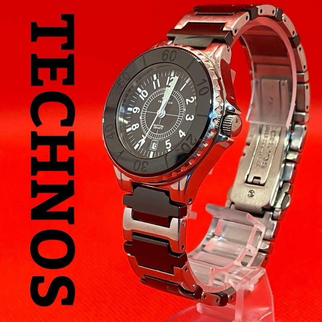 TECHNOS Quartz Men’s Watch Black Dial Silver Stainless Sapphire Ceramic Running