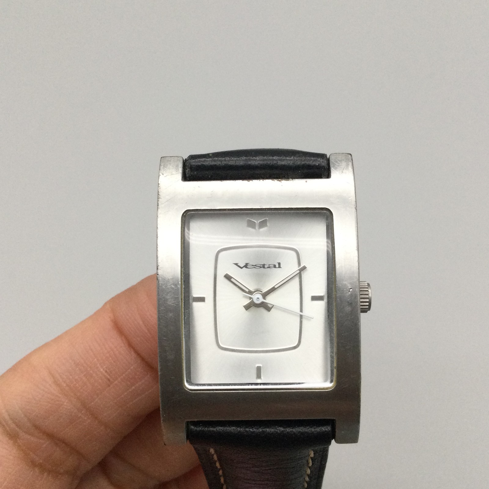 Vestal Electra Tank Mens Watch 24mm Silver Tone Dial Black Leather New Battery