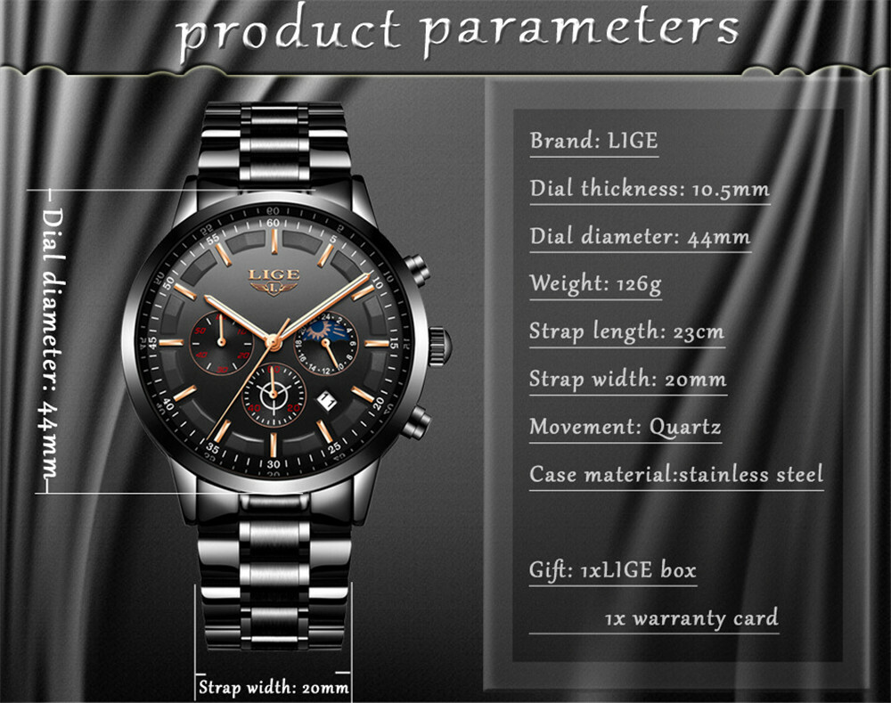LIGE Men Watches Male Steel Business Chronograph Wristwatch Fashion Quartz Watch