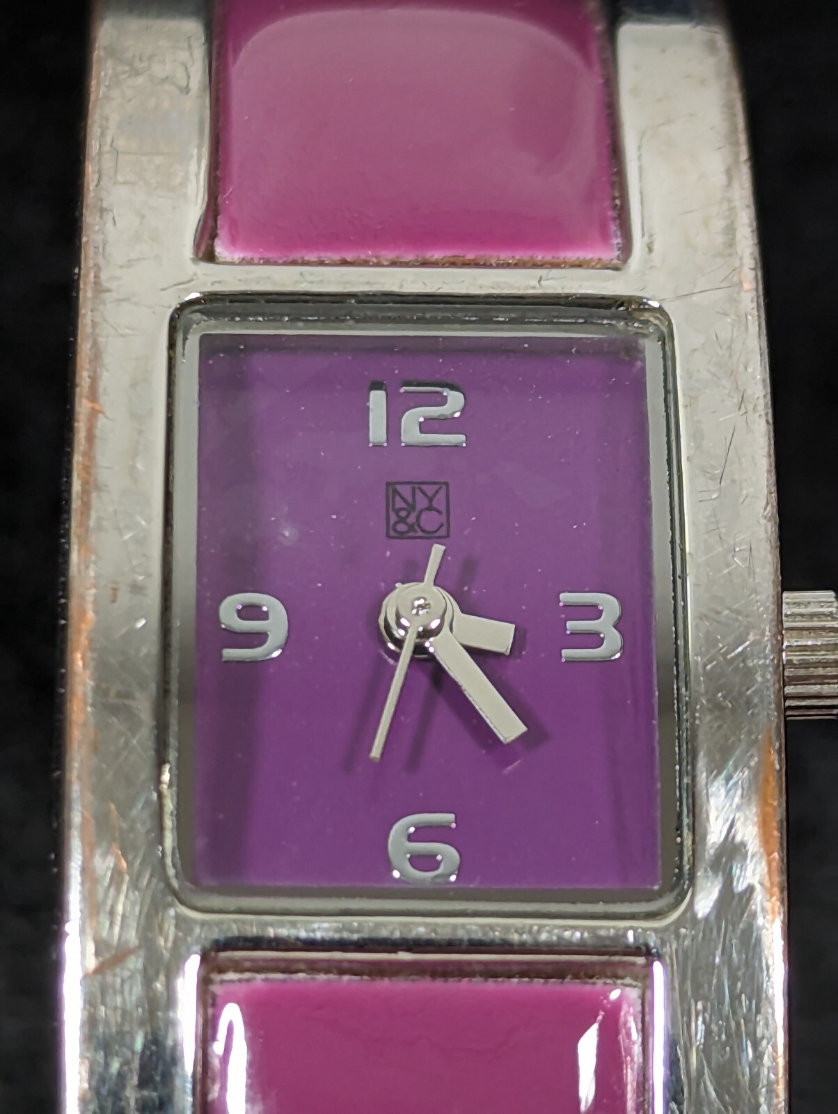 NYC Purple Dial Silver Tone Purple Inlay Hinge Bracelet Band Watch