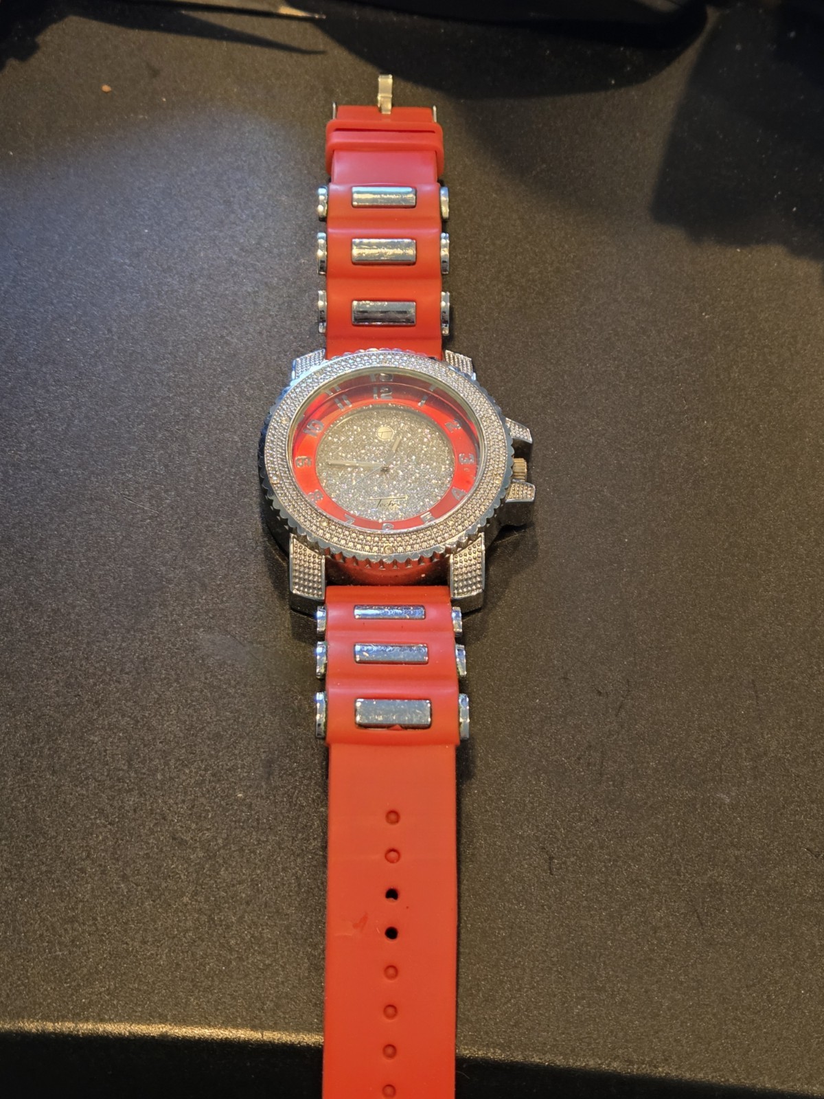 Men’s Techno Pave Silver & Red Silicon Band Dressy Casual Hip Hop Watch C208