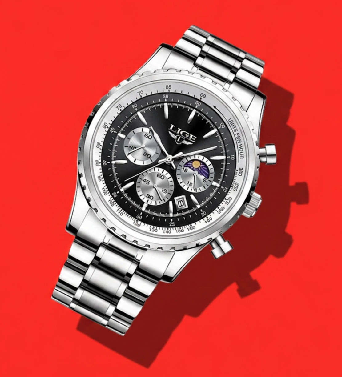 Men Watch Quartz Luminous Chronograph Black Dial 46 Silver Stainless Wristwatch