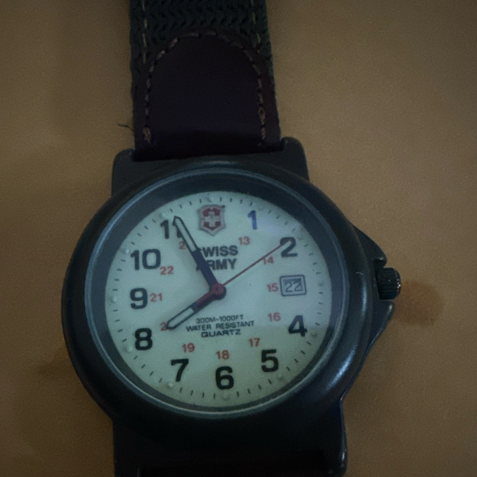 Swiss Army Quartz 300m White Dial Date Black Steel Case Green/Brown Strap