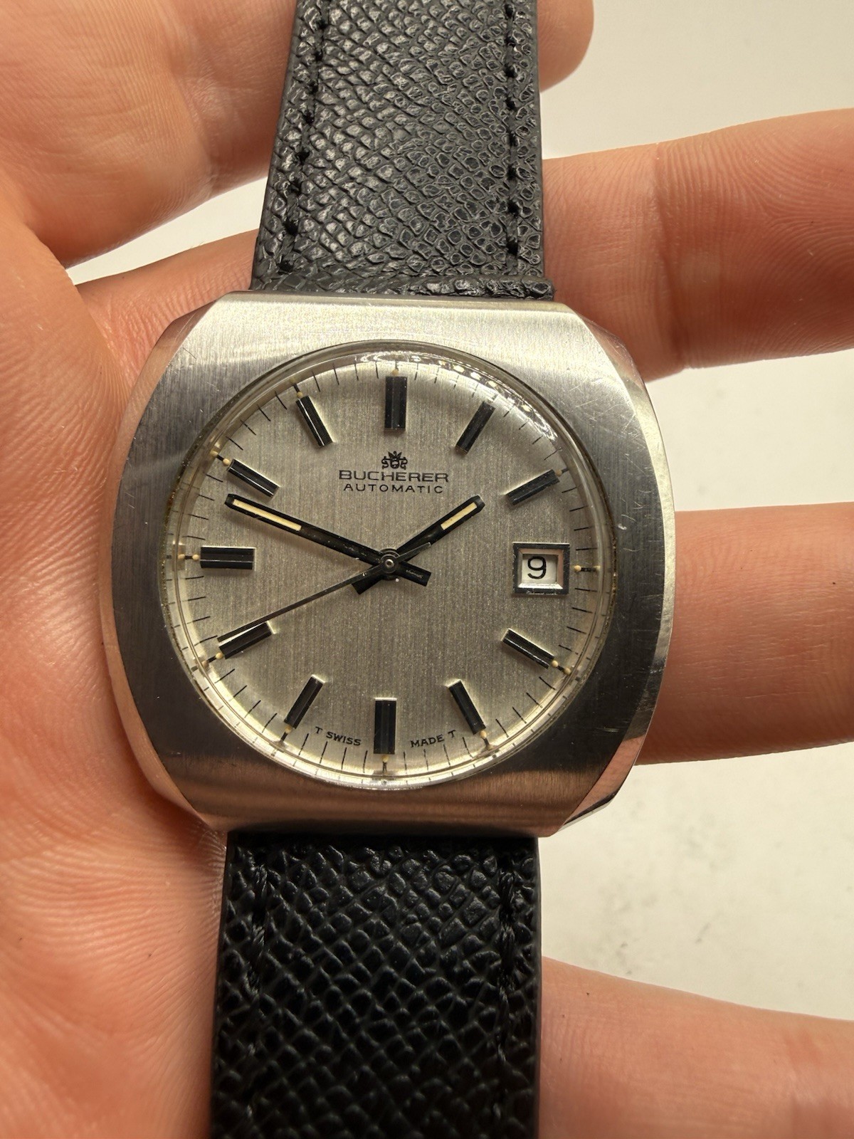 VINTAGE Bucherer Automatic Mens Watch 25 Jewels Date Steel TV Case Swiss RUNS