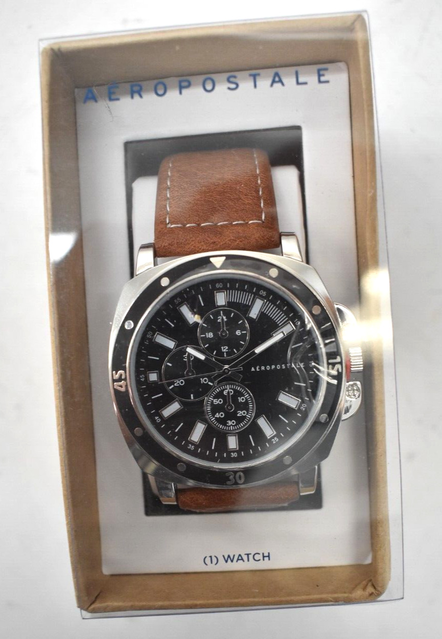 Aeropostale Chrono Analog Faux Leather Watch Brown Display 7/8″ Strap Width