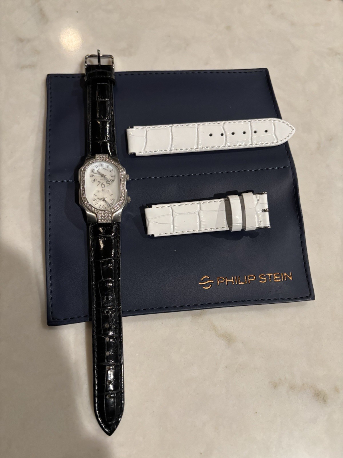 Philip Stein Teslar Mother of Pearl Face Diamond 2 Zone Watch W Leather 2 Bands