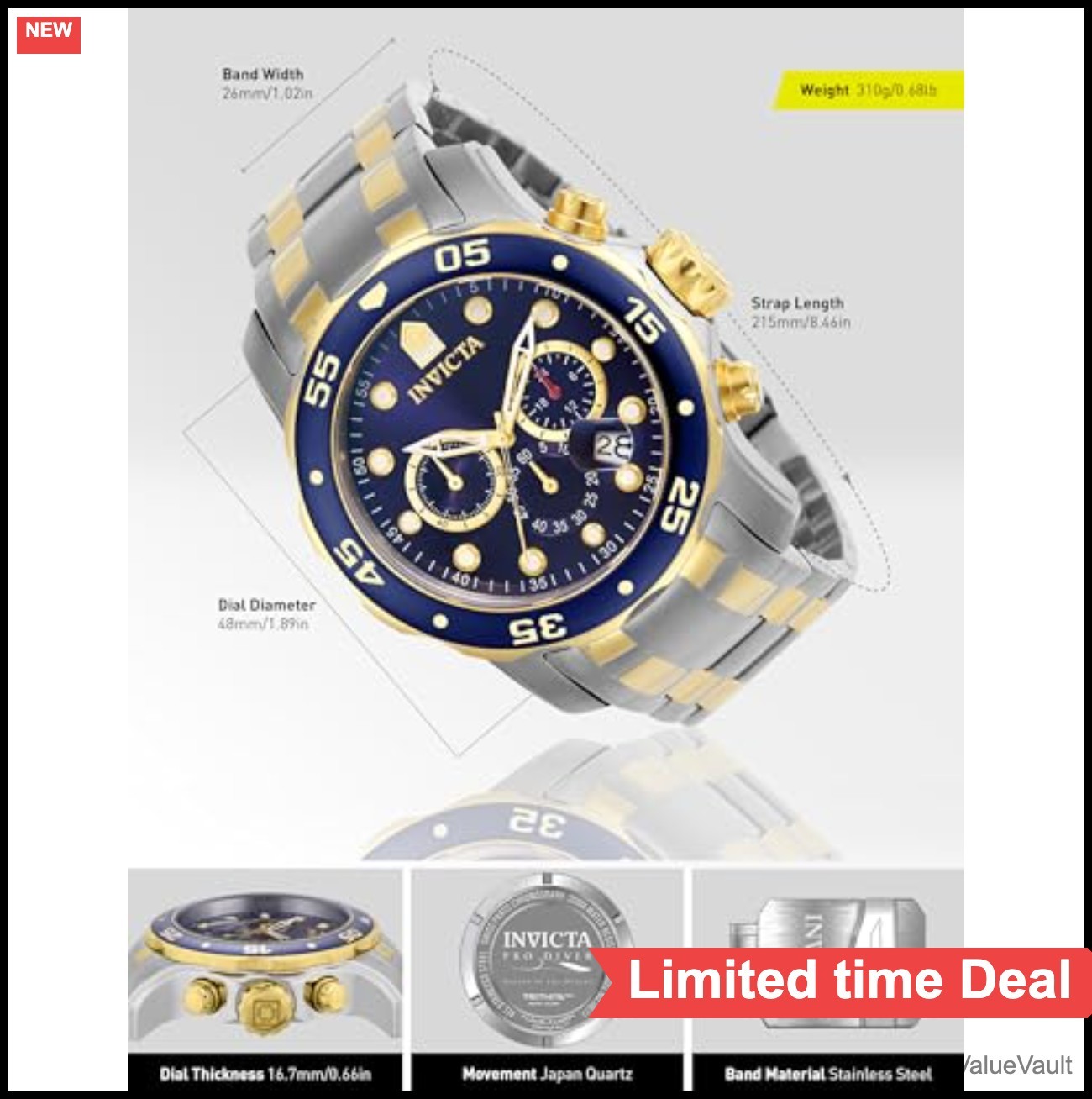 Pro Diver Scuba Watch 48mm Two Tone Stainless Steel Blue Dial Japanese Quartz