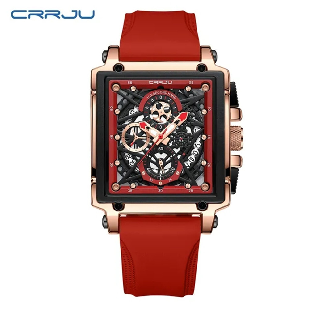 CRRJU Men Watch Luxury Brand Wristwatch Red Strap Male Rectangle Sport Watches