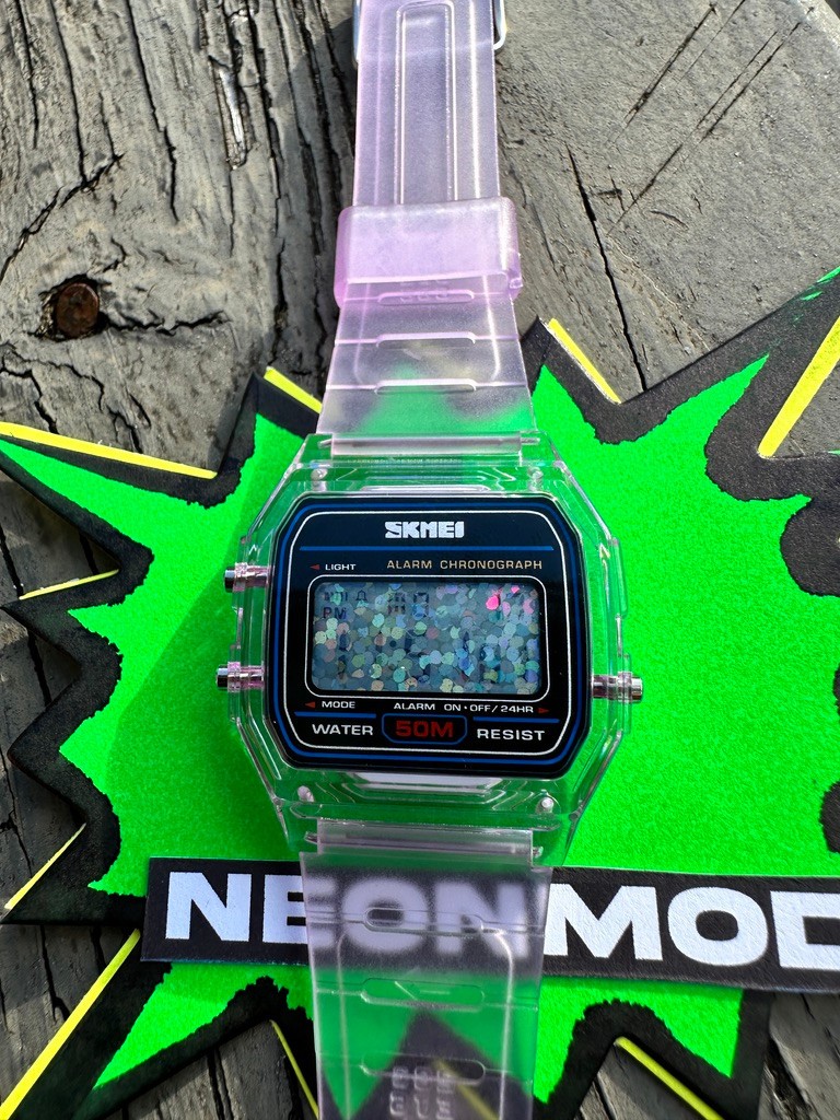 Purple Holo Watch – Rainbow Holographic Glitter Dots – Clear SKMEI Digital Watch