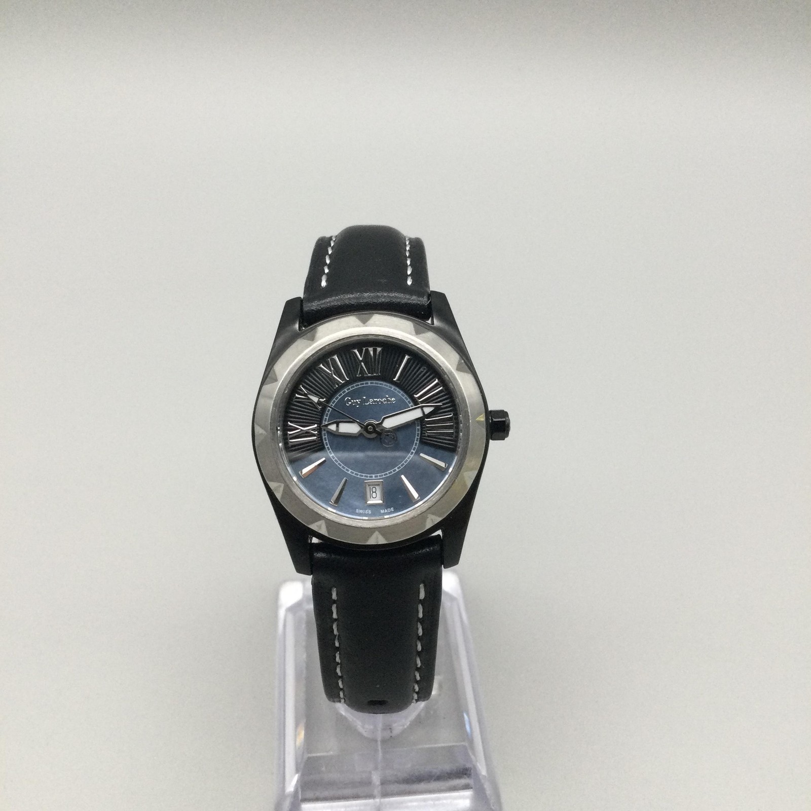 Guy Laroche Womens Watch 28mm Blue MOP Dial Black Leather Date New Battery