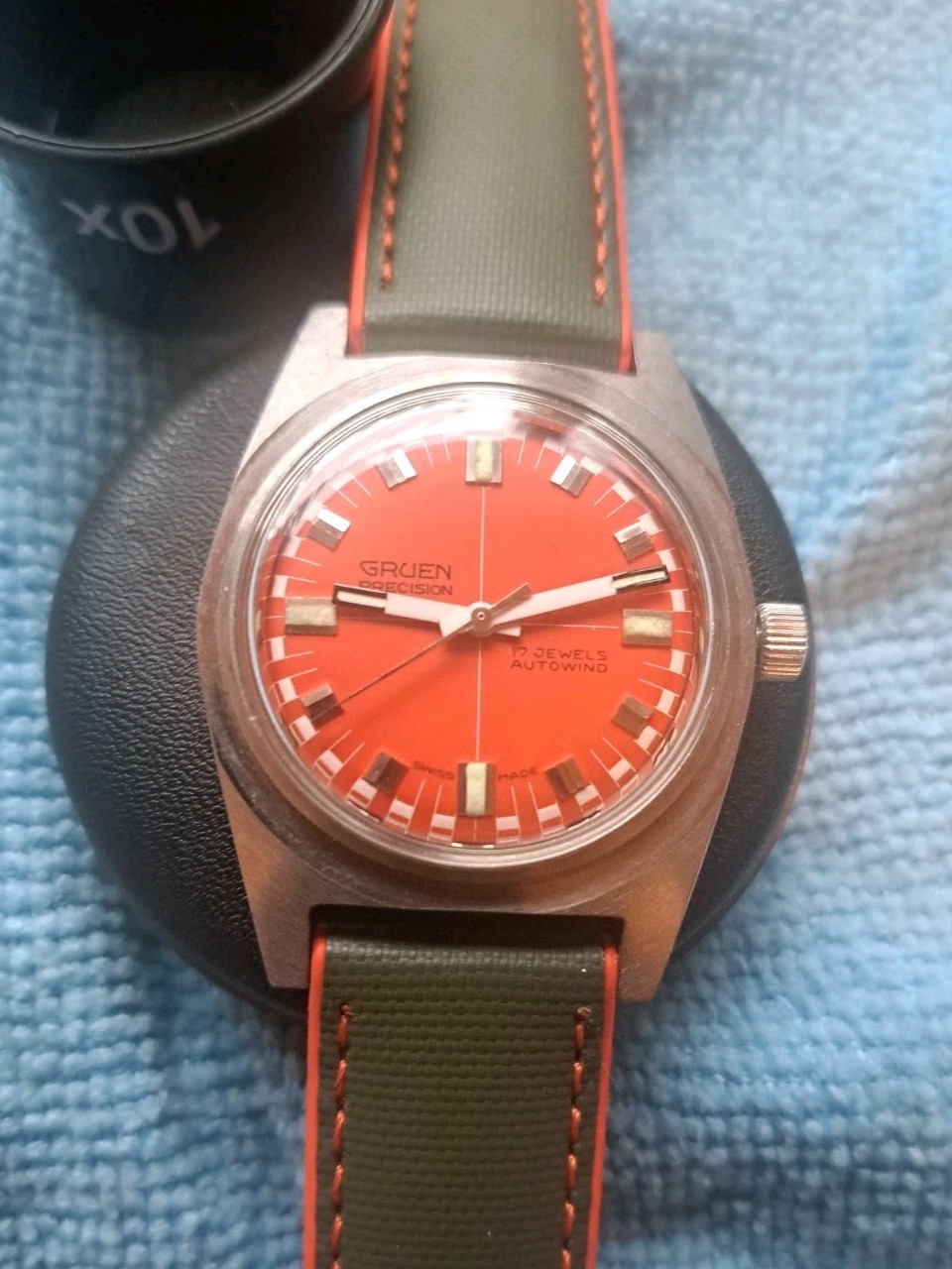 Vintage 1960s GRUEN Skin Diver Autowind Watch “Racing” Orange Dial (NO BEZEL)