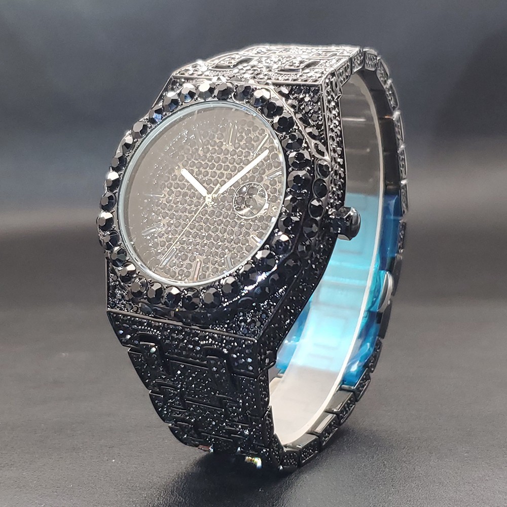Luxury Hip Hop Ice out Men’s Watch Iced Bling VVS Waterproof Diamond Date Black