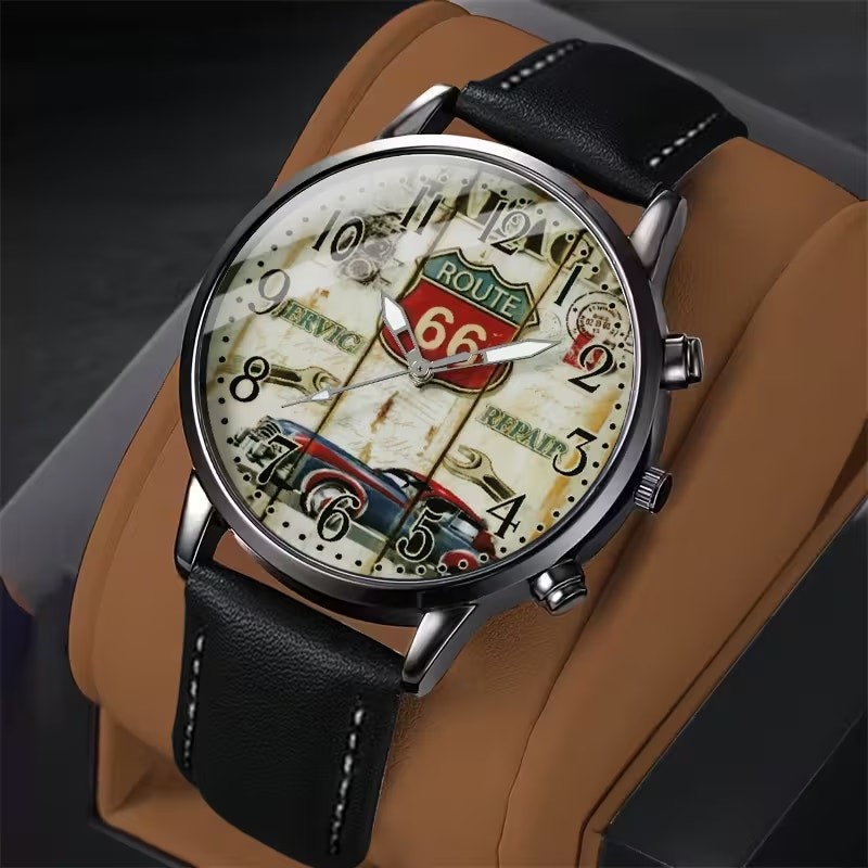 Men’s Round Route 66 Watch Dial Black Case Black Faux Leather Strap New