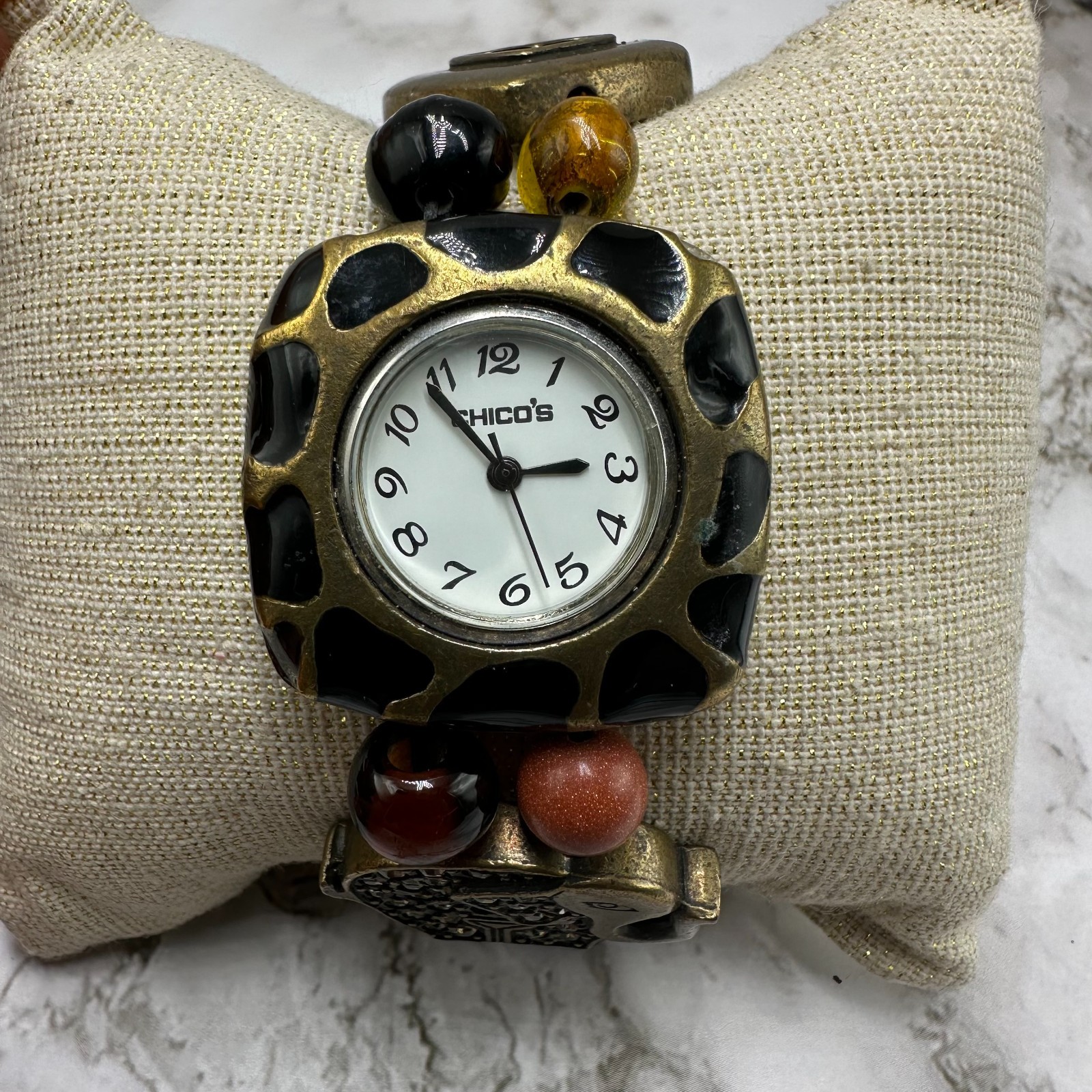 Chico’s Watch Women Bronze Tone Elephant Beaded Stretch Bracelet New Battery