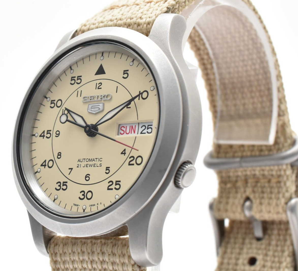 SEIKO 7S26-02J0 Automatic Day Date Men’s Watch Beige Dial Nylon SNK803 #108