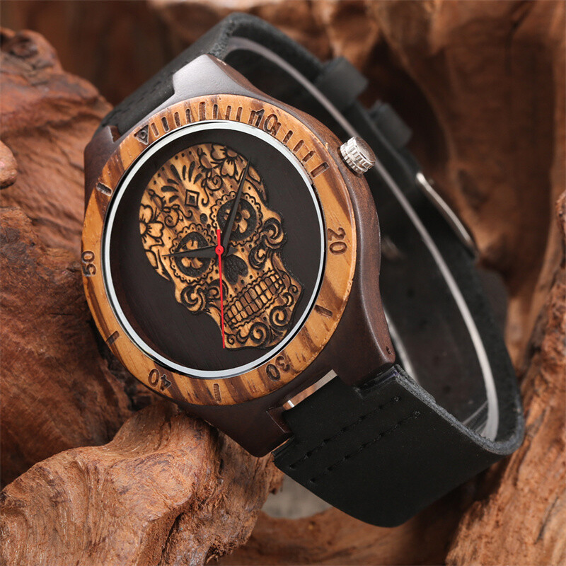Skull Head Wooden Quartz Watch Men Engraved Black Leather Strap Male Watches