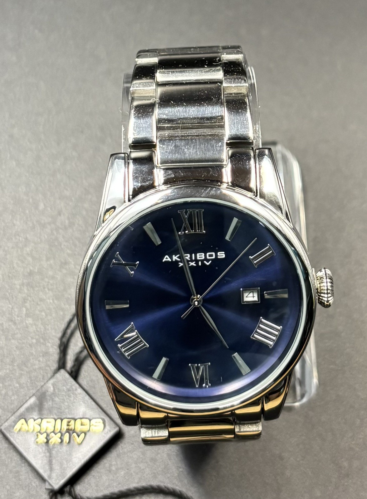 Akribos XXIV AK1056SSBU Mens Blue Dial Date Silver Case and Band 41mm SHIPS FREE