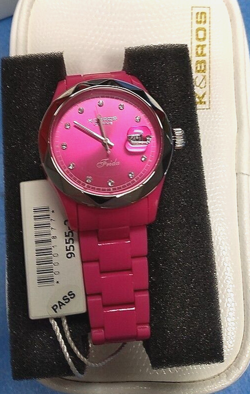 NEW K & BROS 9555-2 Icetime Womens Hot Pink Three Hands Polyurethane Watch Lady