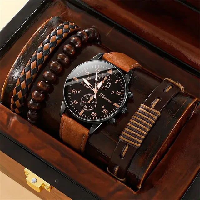 New Men Watch Luxury Bracelet Set Business Brown Leather Gift Set For Him!