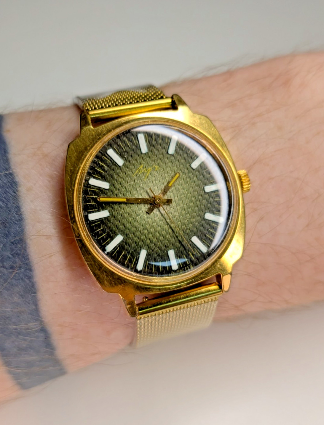 1977 Luch 2209 Vintage Watch Soviet USSR 36 mm Men Gold Plated Green Dial