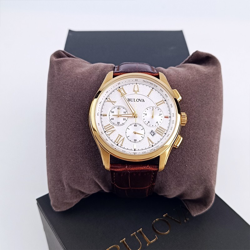 Bulova Men Wilton White White Dial Brown Leather 97B169 Chronograph Watch 46.5mm
