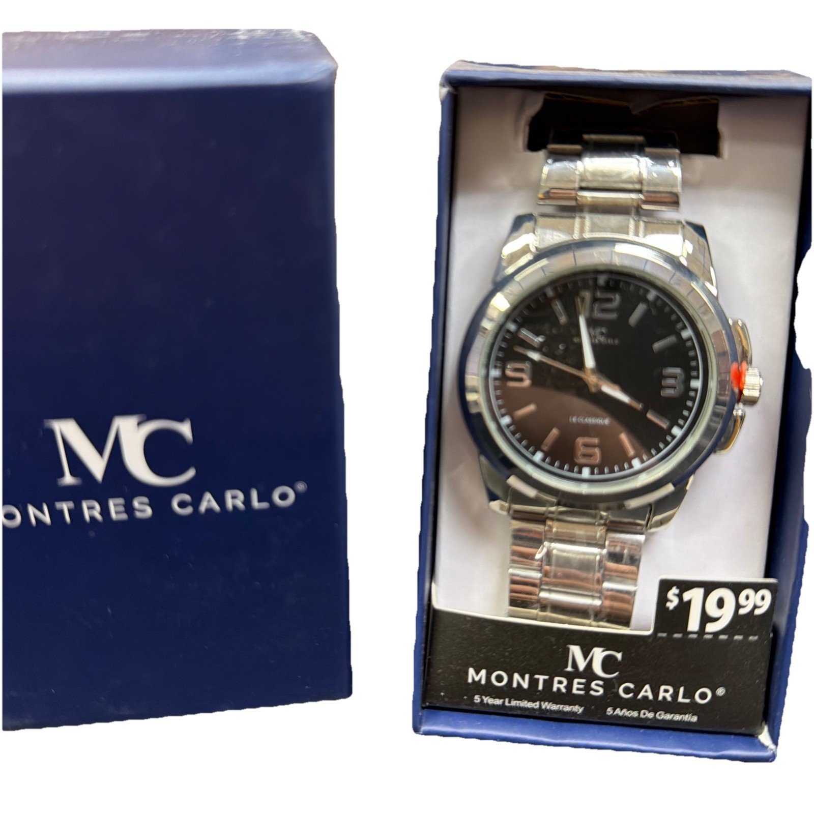 Montres Carlo Watch Men Silver Tone Black Dial Round 43MM New Battery 8.25″