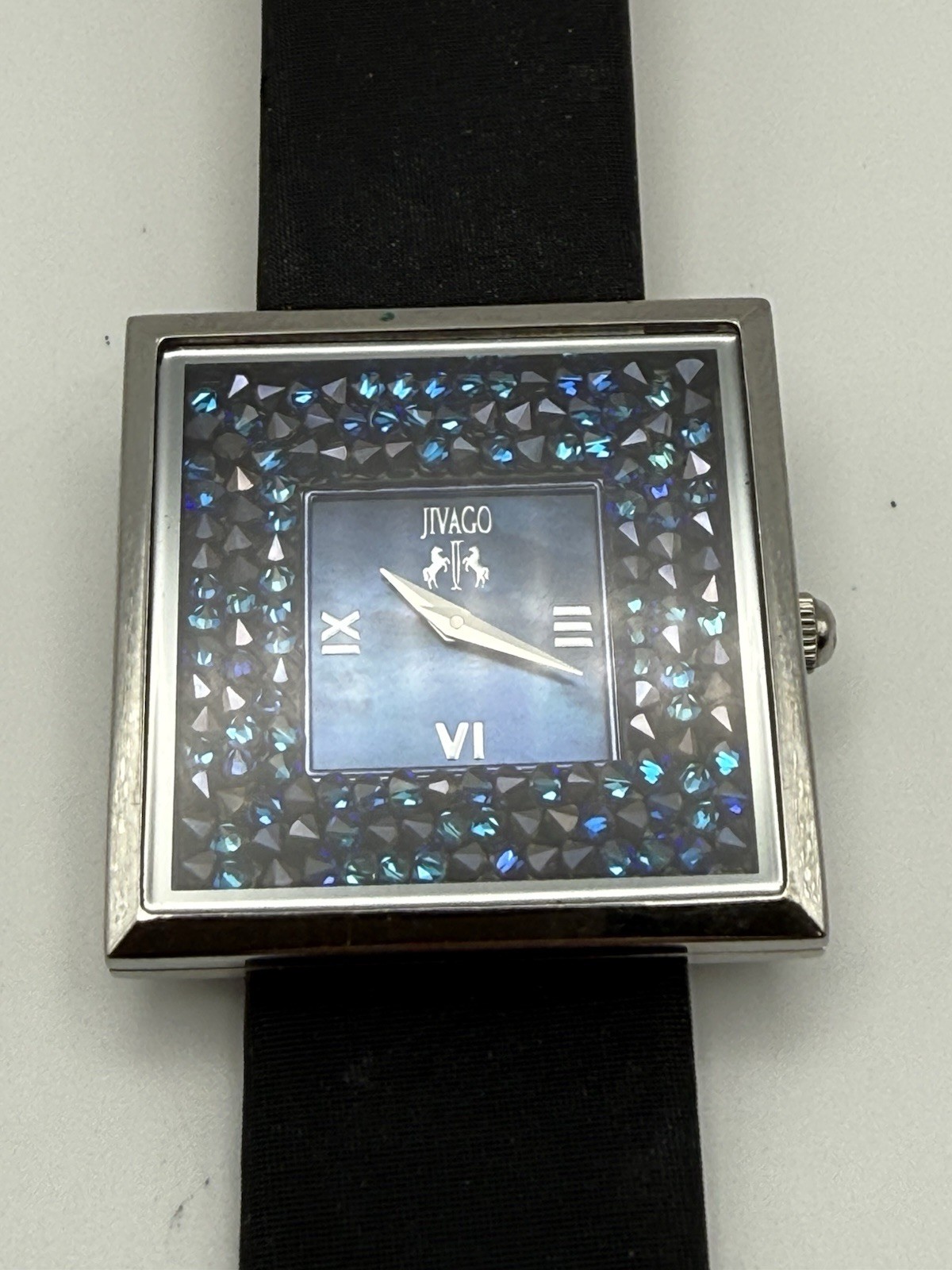 Womens JIVAGO JV7411 Quartz Square Blue Dial Roman Black Leather Strap 3 ATM