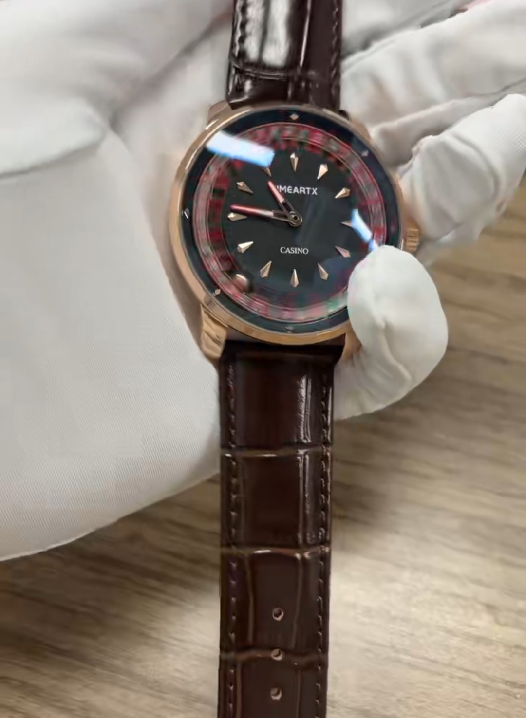 Casino Roulette Watch with Roulette Wheel That Spins. Rose Gold with Brown Strap