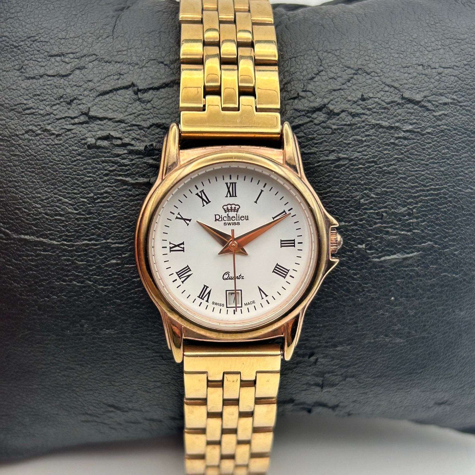 Richelieu Swiss Rose-gold White Dial St. Steel Quartz Watch Working New Battery