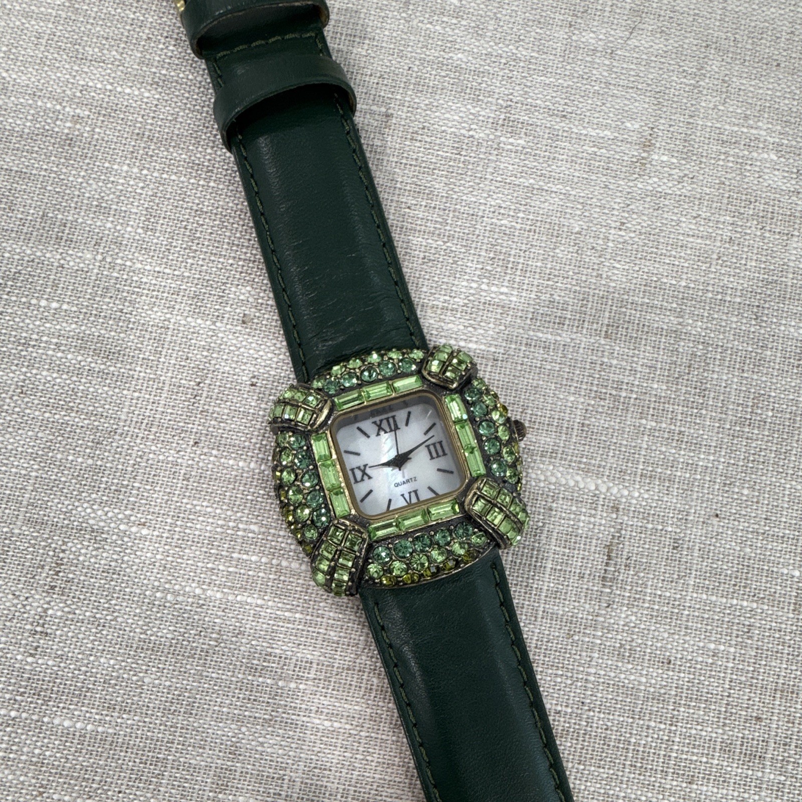 La Vintage Women’s Quartz Square Jeweled Case with Green Leather Strap