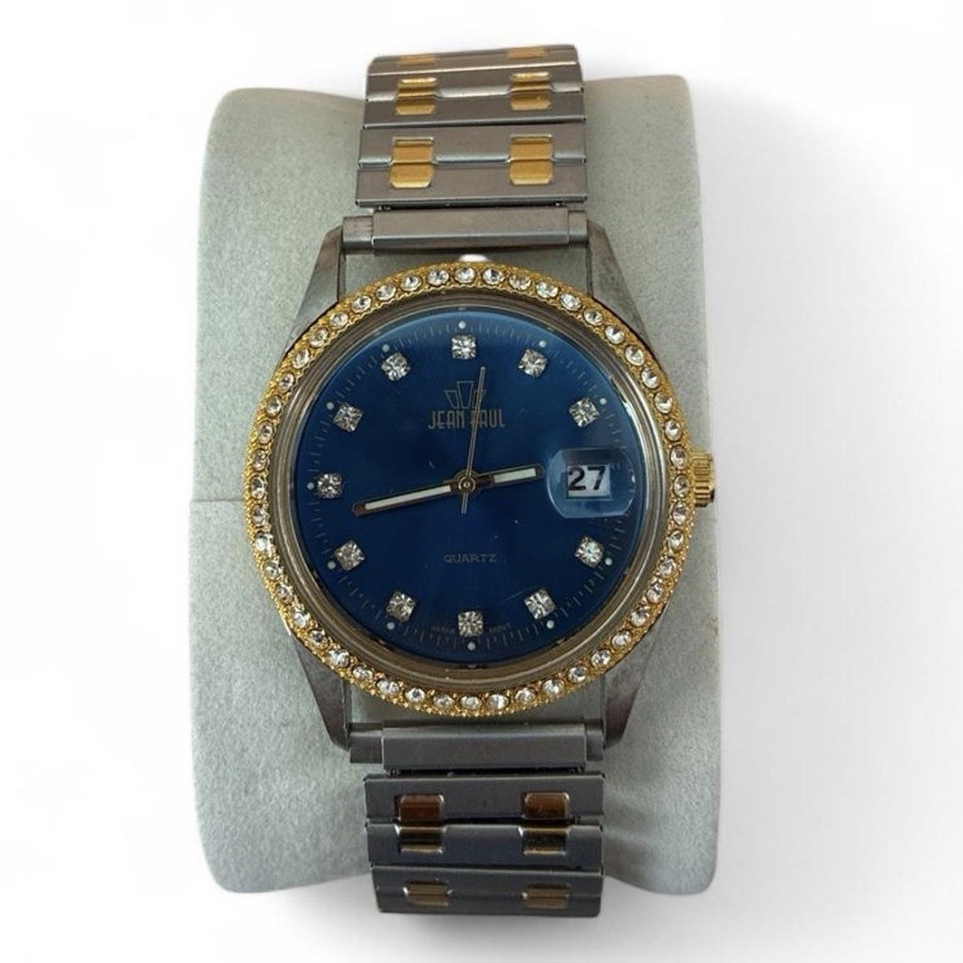 Jean Paul Womens Quartz Watch Blue Dial Date Two-Tone Bracelet Gem-Set