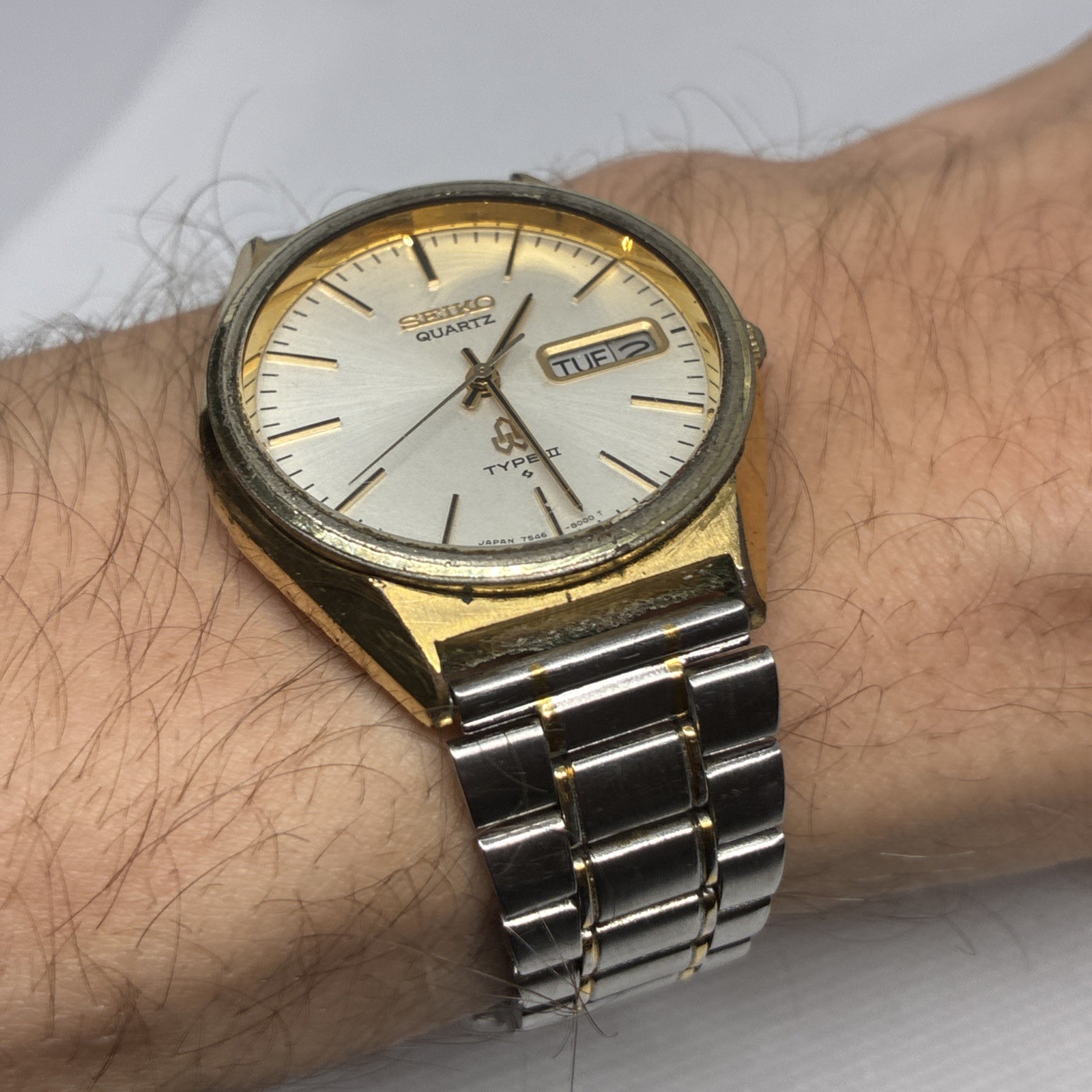 Seiko Type II Watch Men 35mm Silver Dial Gold Tone Daydate 7546-8000 Running!