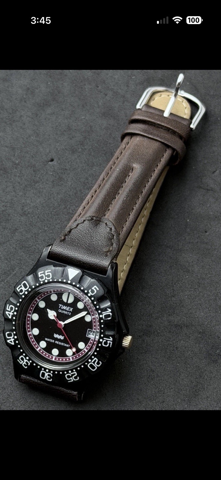 Vtg 1990 TIMEX Diver Men’s 36mm Quartz Watch Date Black Case Dial Brown Leather