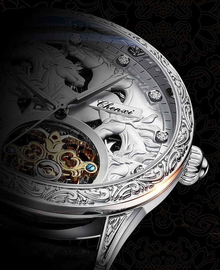 CHENXI Men’s Eight Fine Horses 3D Relief Tourbillon Automatic Mechanical Watch