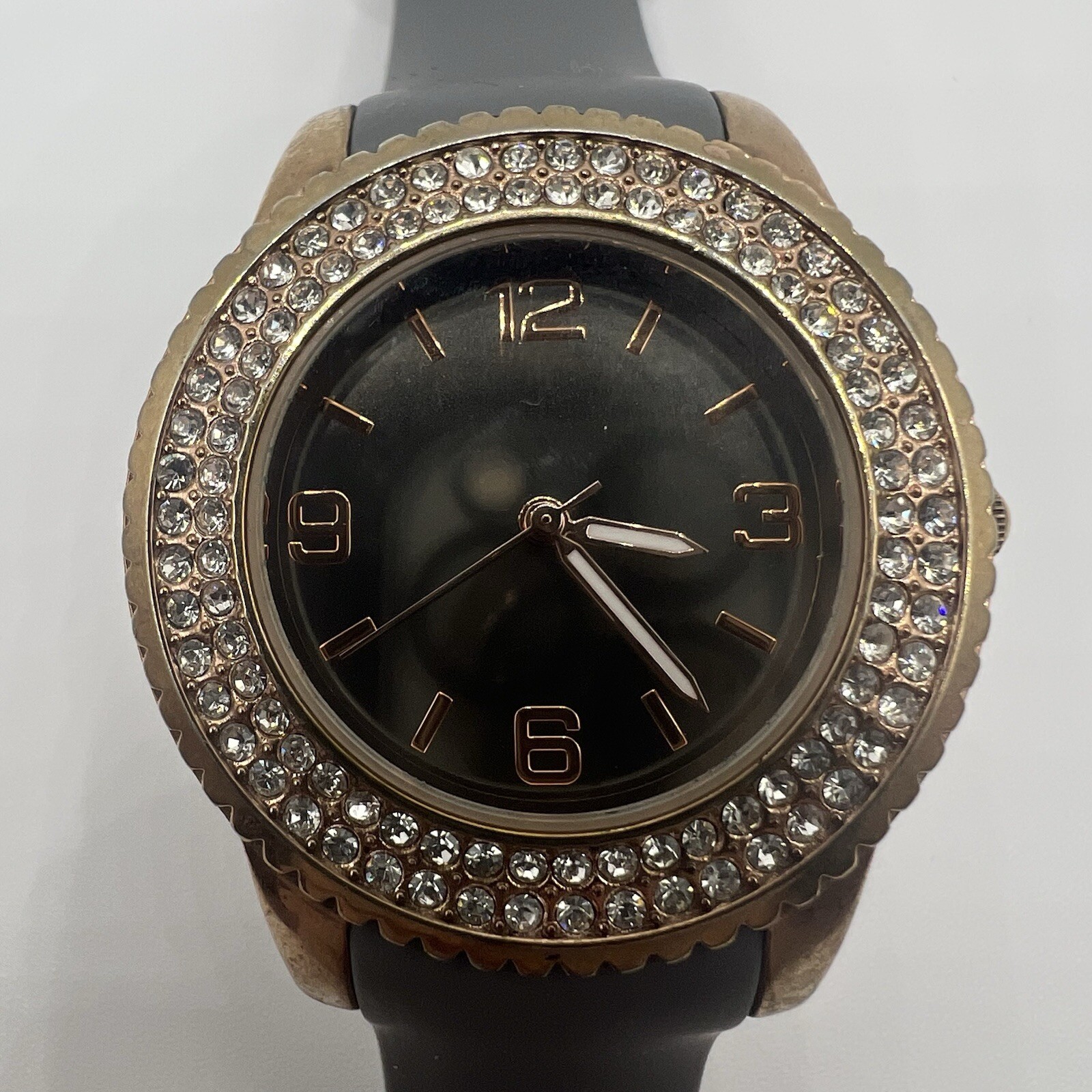 Shiny Mirror Dial Crystal Accent Gold Tone Case Gray Silicone Band Watch