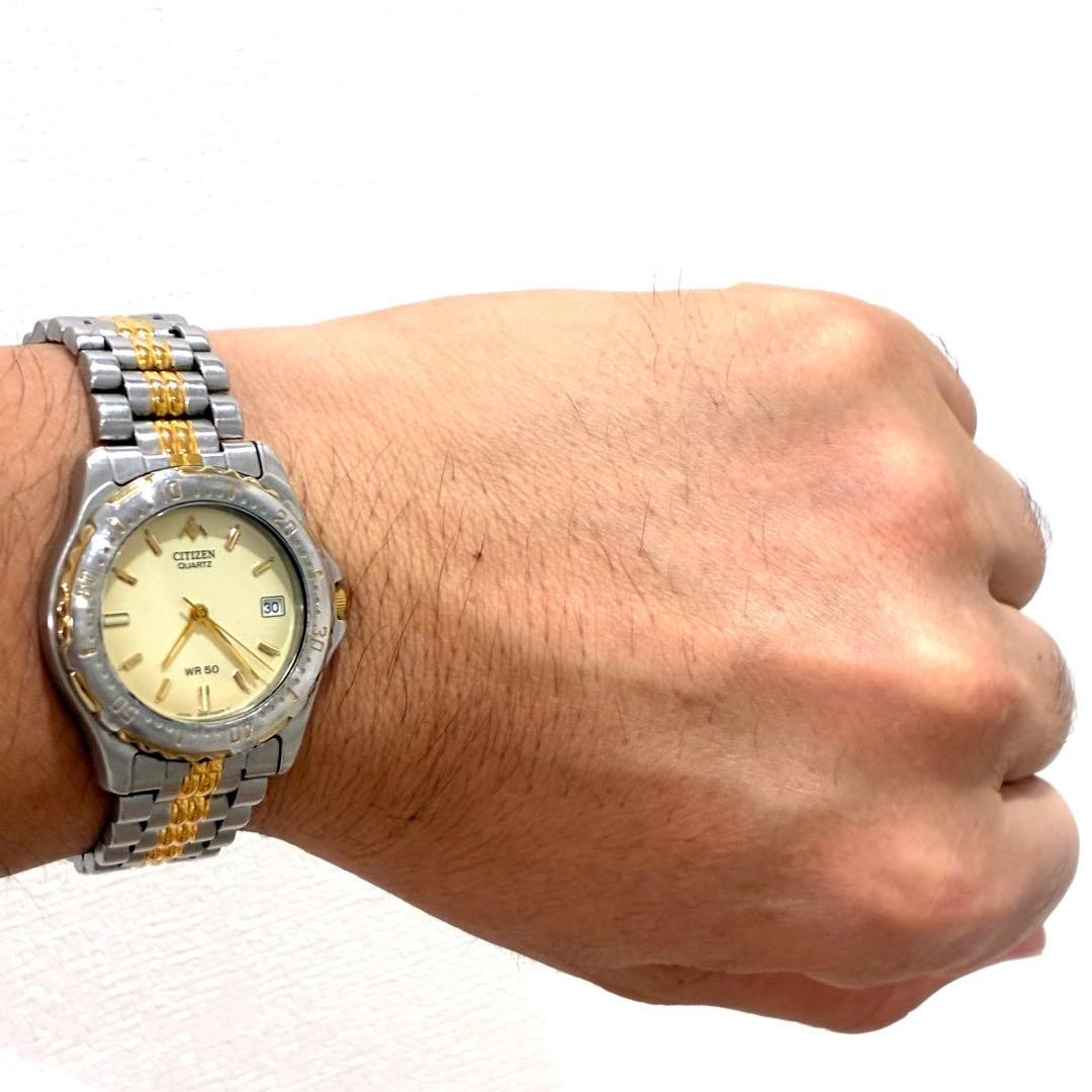 CITIZEN WR50 Quartz Gold Dial Leather Band Vintage Wristwatch Used