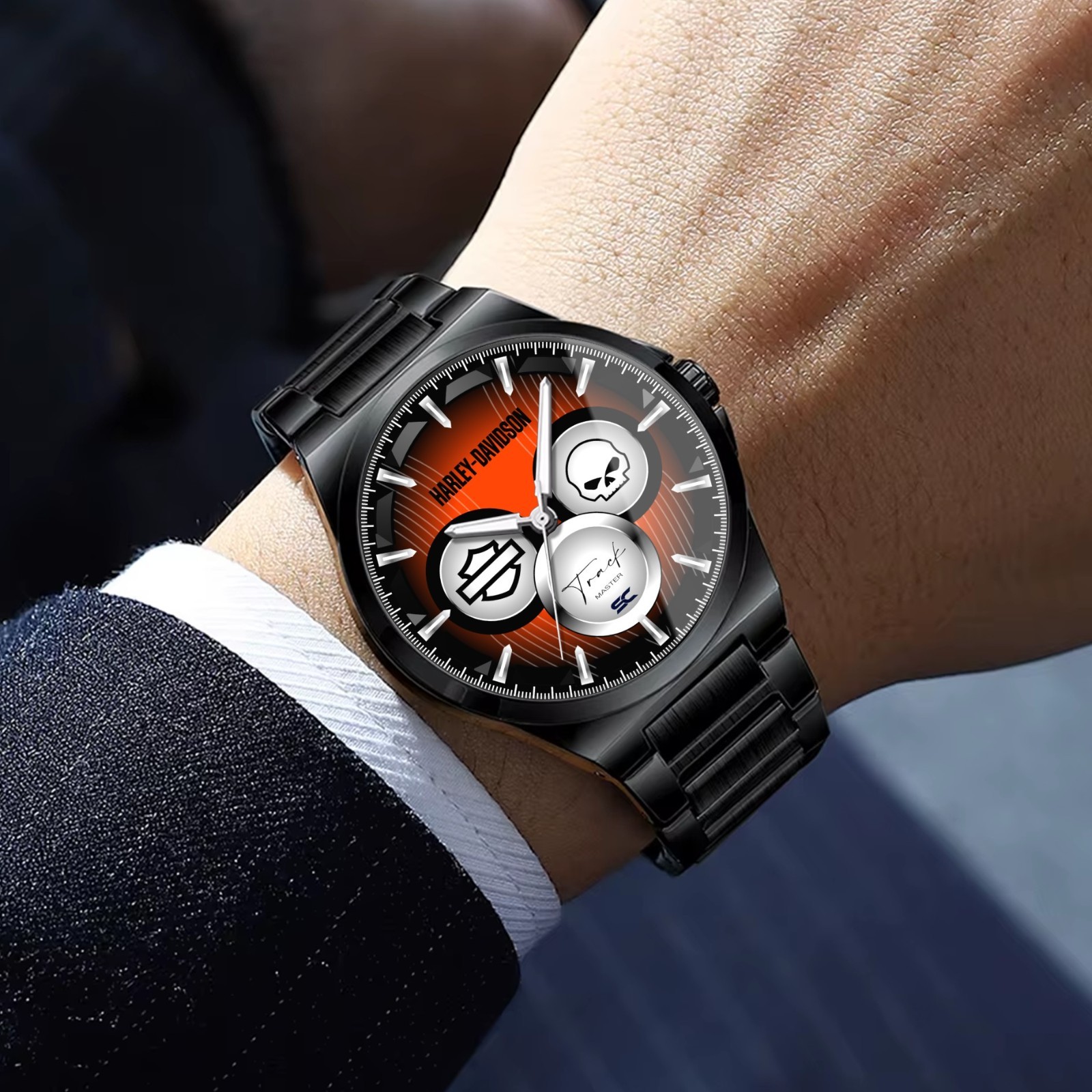 Black Steel Wrist Watch Fan Art HARLEY & DAVIDSON Track Master Motorcycle