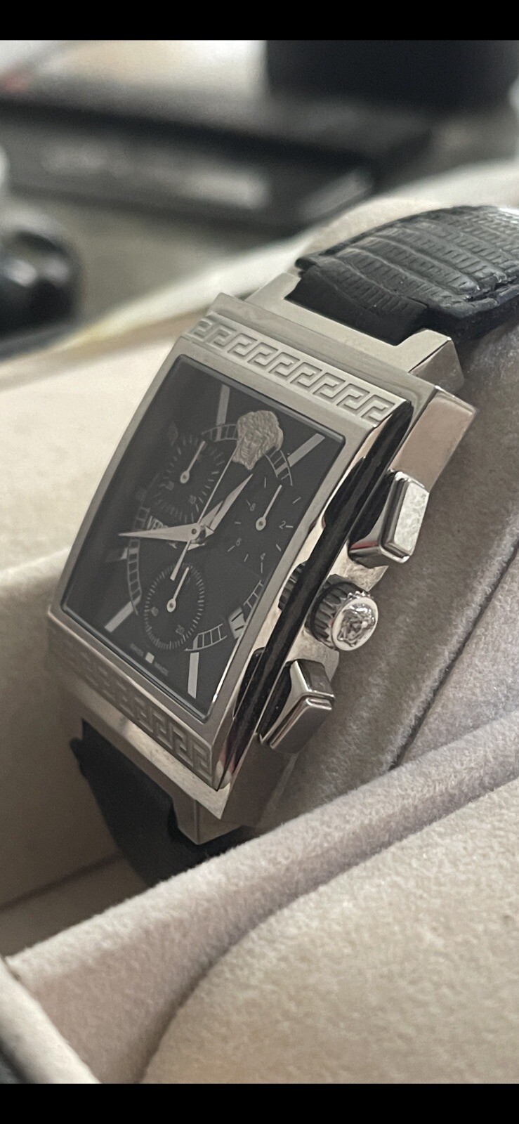 Versace Landmark Tank Original Lizzard Band Rare Classic Chronograph Watch