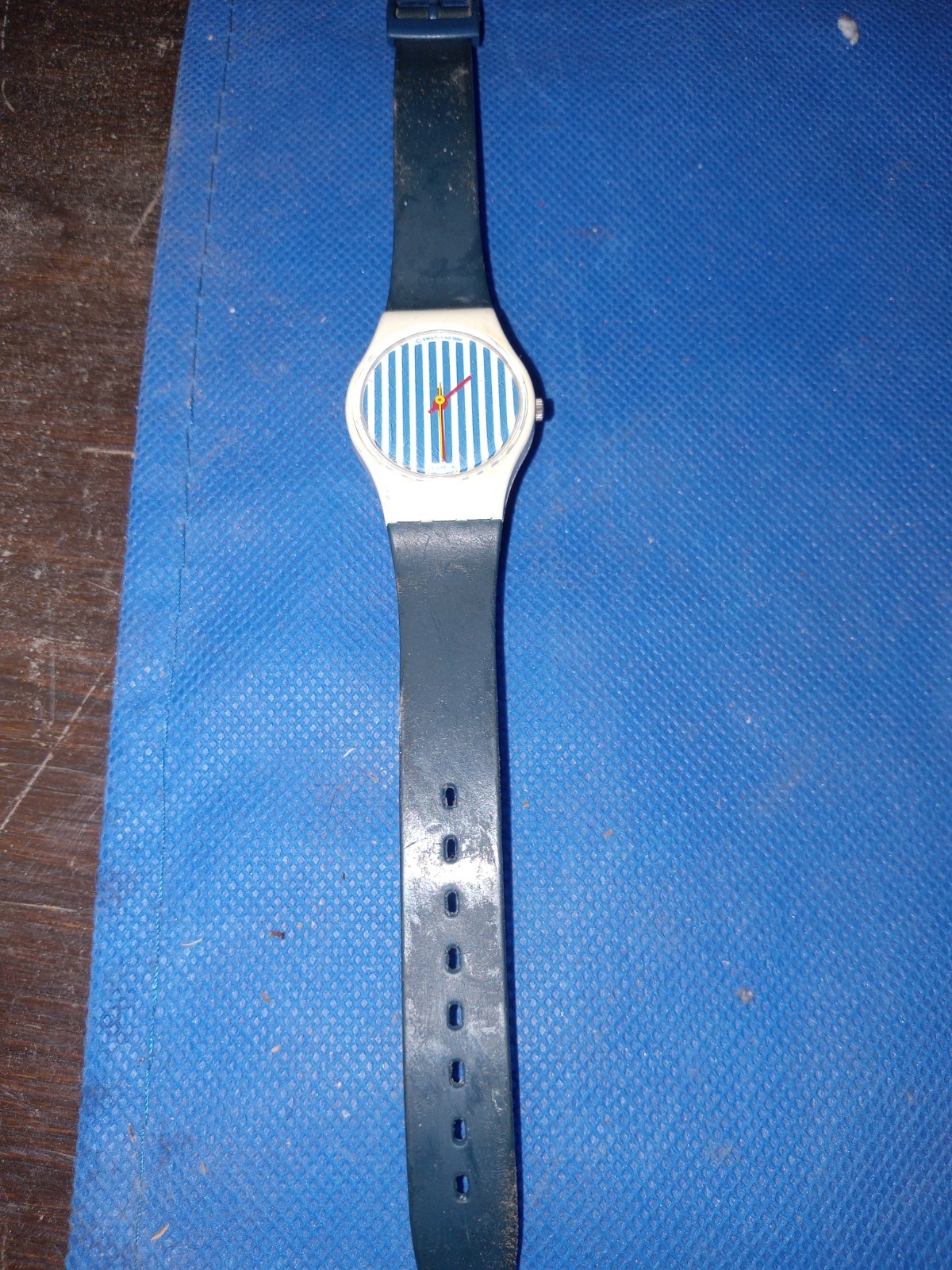 1986 Blue Stripes Retro Swatch Lady Watch for Women, Vintage Swatch Watch (X19)