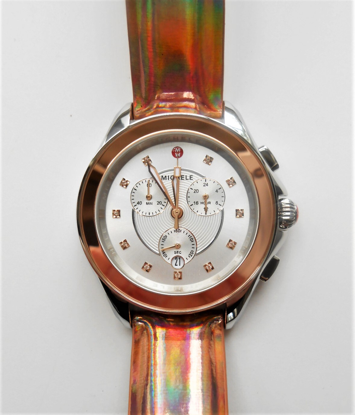MICHELE CAPE CHRONO DIAMOND TOPAZ LEATHER STRAP WATCH ROSE GOLD SILVER BNIB $595