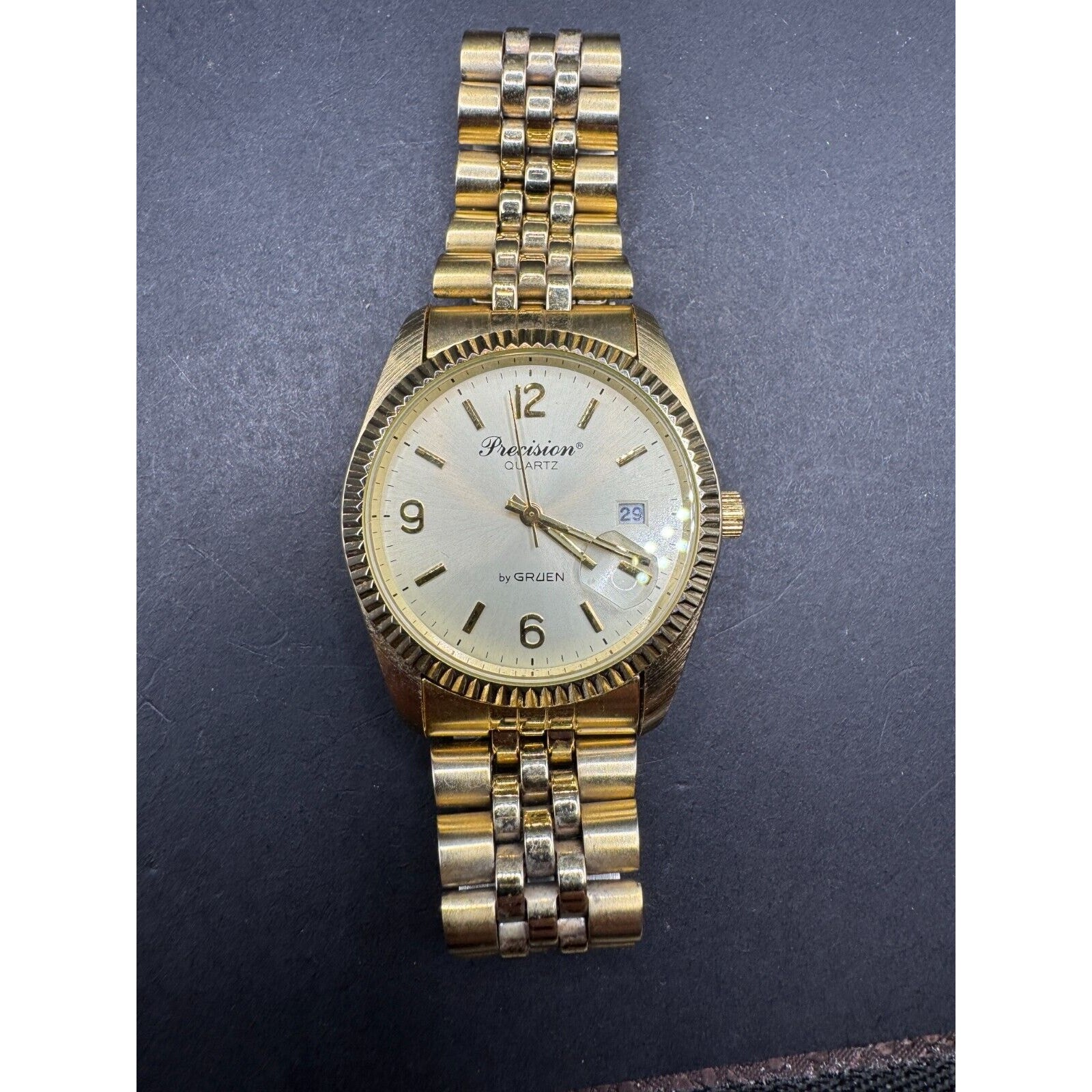 Vintage Precision by Gruen Quartz Gold Tone Mens Watch w/ Date GP5036 Japan Movt