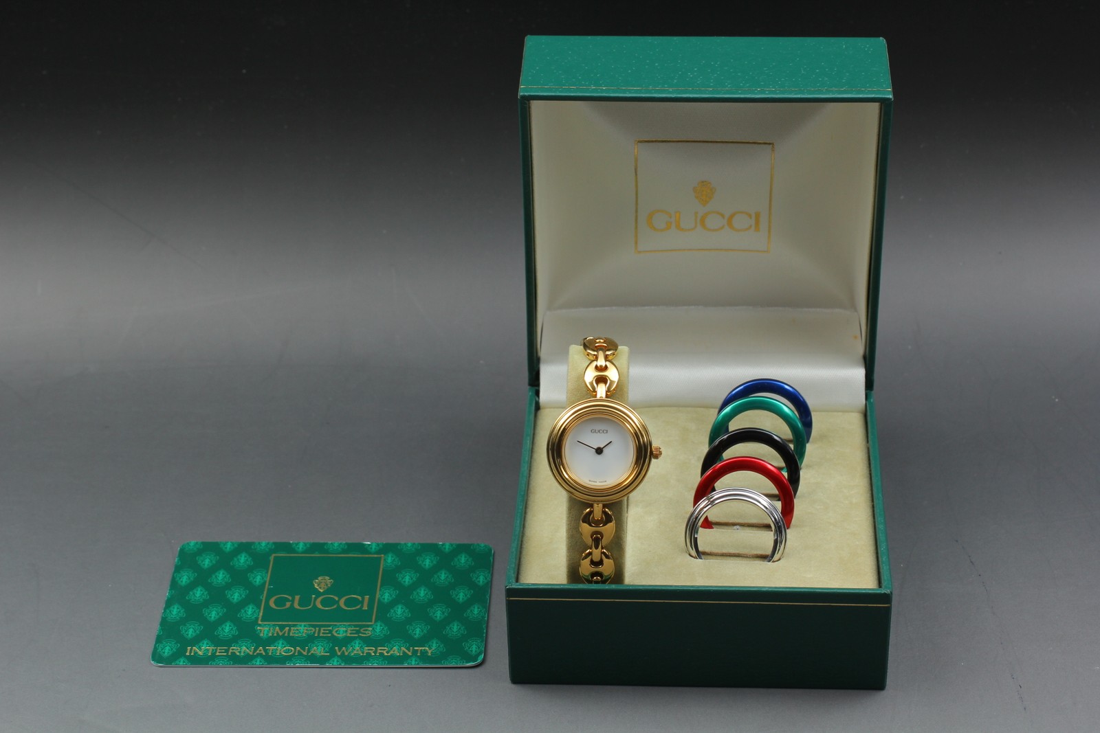 [N MINT w/Box,Paper] Gucci 11/12.2 6 Colors Change Bezel Gold Qz Women’s Watch
