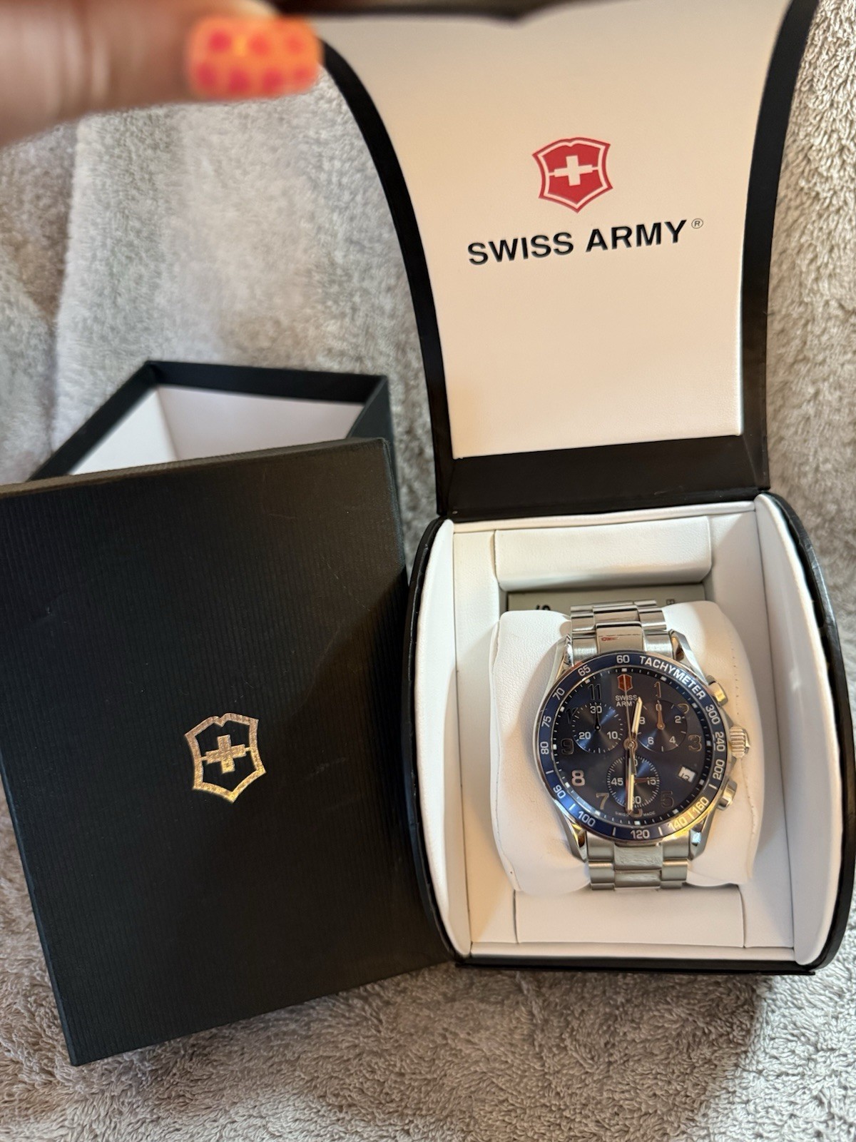 Swiss Army Chronograph Chrono Tachymeter Date Black Dial Blue Bezel SS Quartz
