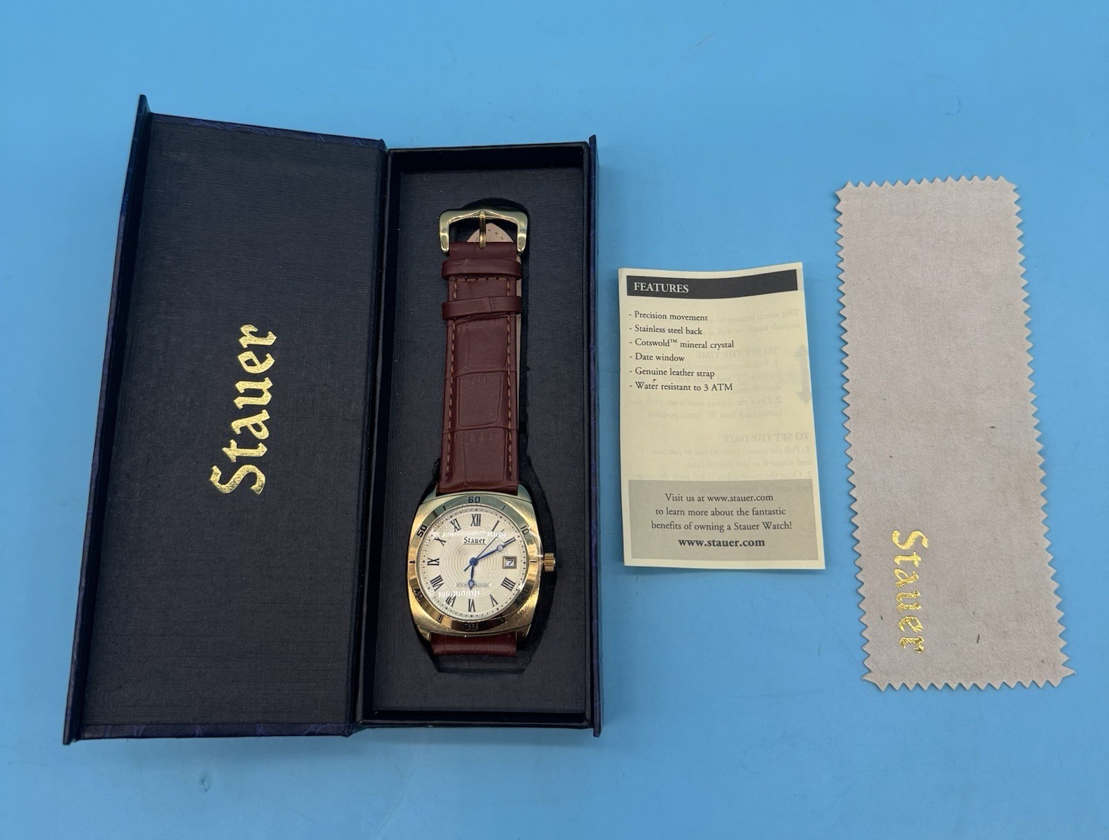 New STAUER Time-Master Piezo Mens Gold Tone Wrist Watch – Brown Leather Band
