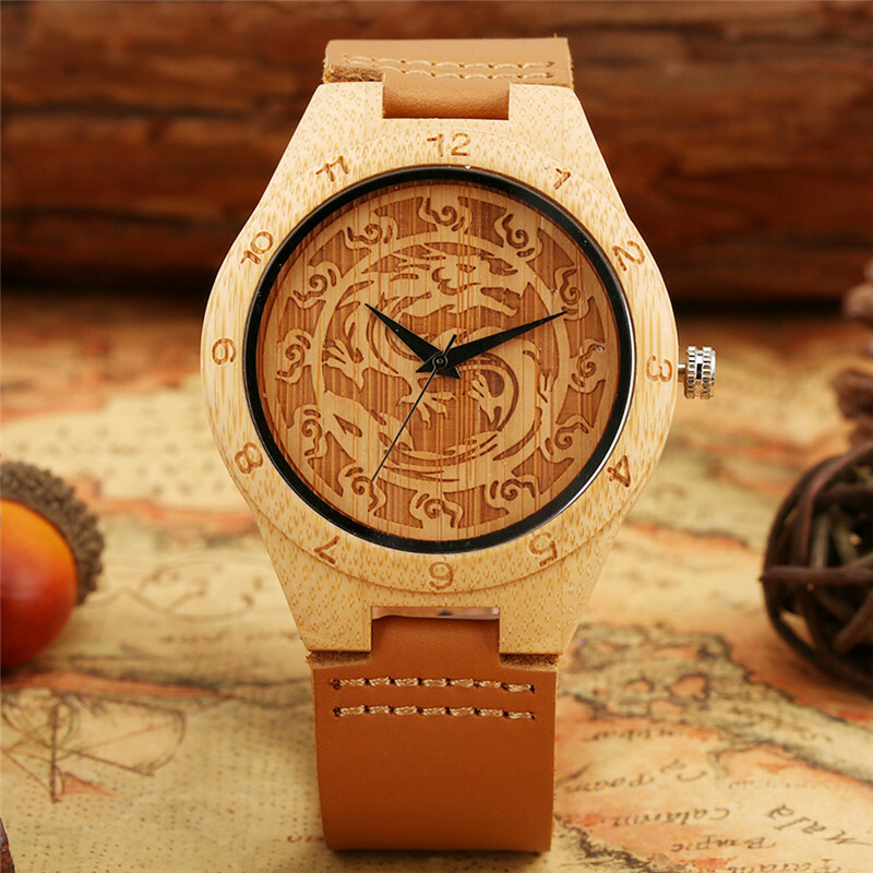 Casual Engraved Dragon Men’s Quartz Analog Wooden Watch Leather Band Bracelet