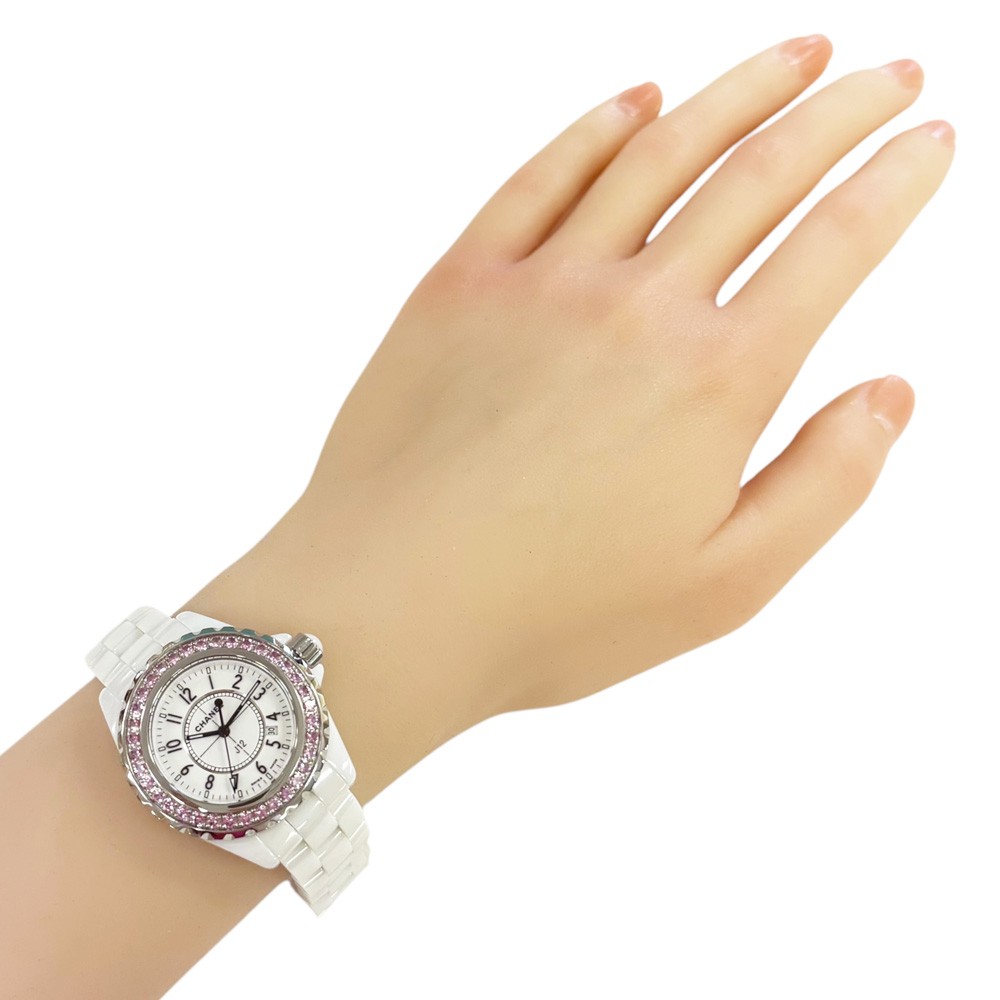 CHANEL J12 Watches H1181 White ceramic Stainless Steel Pink Sapphire Bezel used